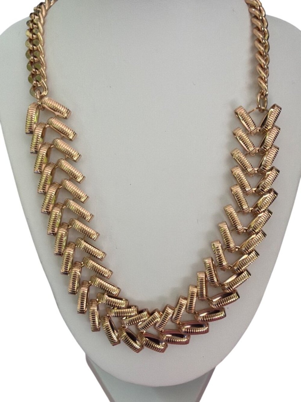 Gold Tone Cuban Link Chevron Necklace Textured Double Sided Statement Adj 20"